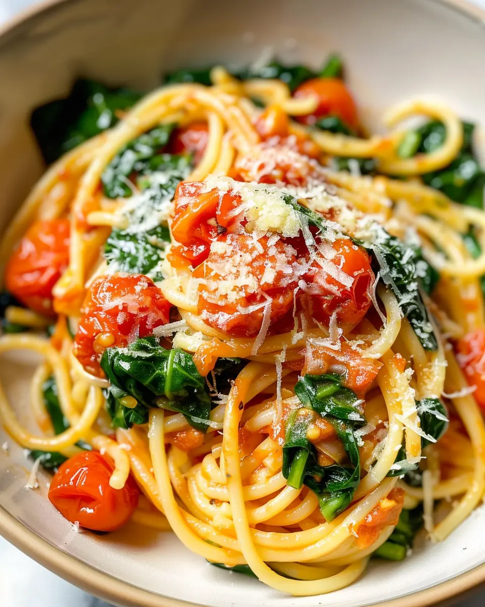Fresh Spinach and Tomato Pasta: Easy Weeknight Delight with Turkey Bacon