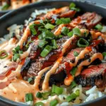 Korean BBQ Steak Rice Bowls with Spicy Cream Sauce