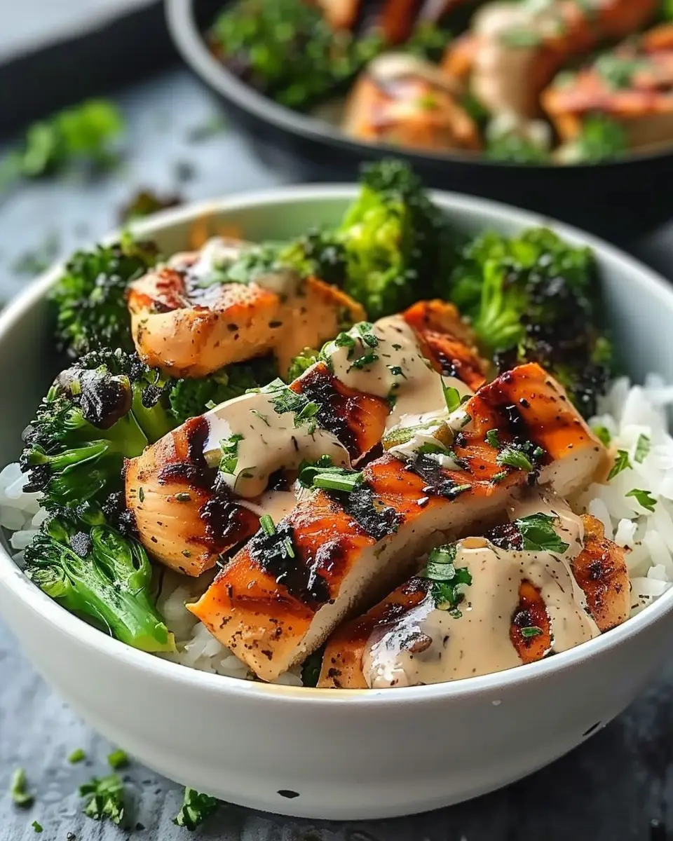 Grilled Chicken Bowls: Easy Creamy Garlic Sauce with Broccoli