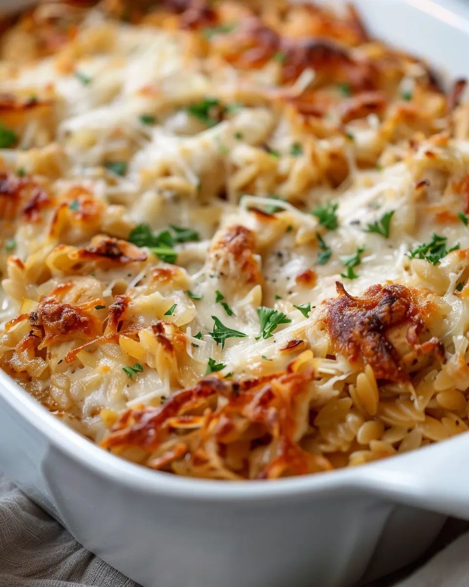 French Onion Chicken Orzo Casserole with Turkey Bacon Delight