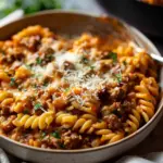 One pot creamy tomato beef pasta