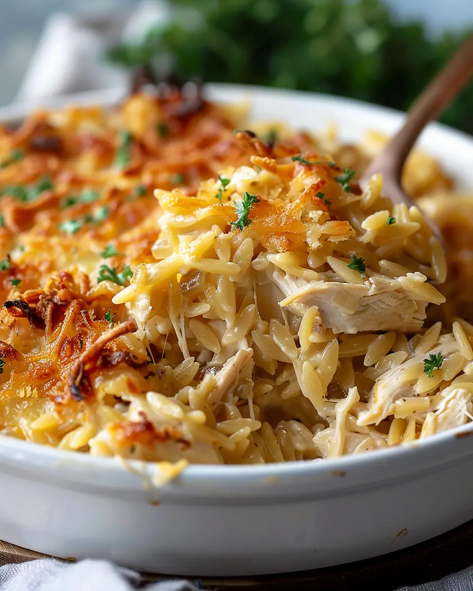 French Onion Chicken Orzo Casserole with Turkey Bacon Delight