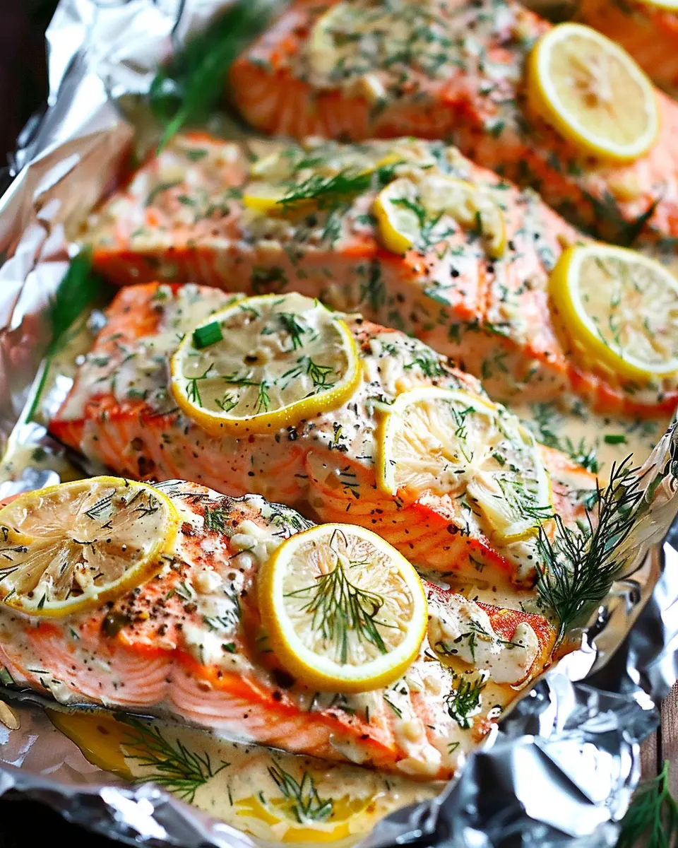 Garlic Lemon Salmon with Creamy Dill Sauce in Foil: Easy Delight